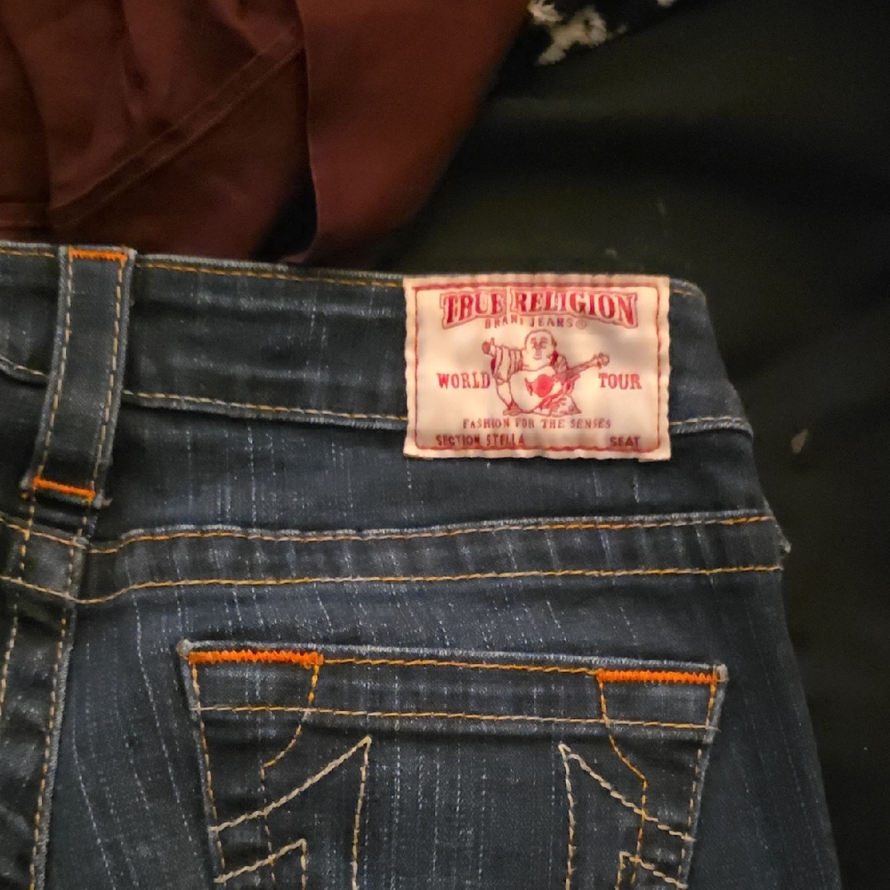 True Religion Women's Skinny Jeans — Dark Blue with Orange Stitching